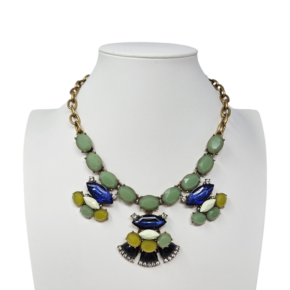 J. Crew Chunky Statement Necklace Brushed Gold Tone  Rhinestones Blue Green